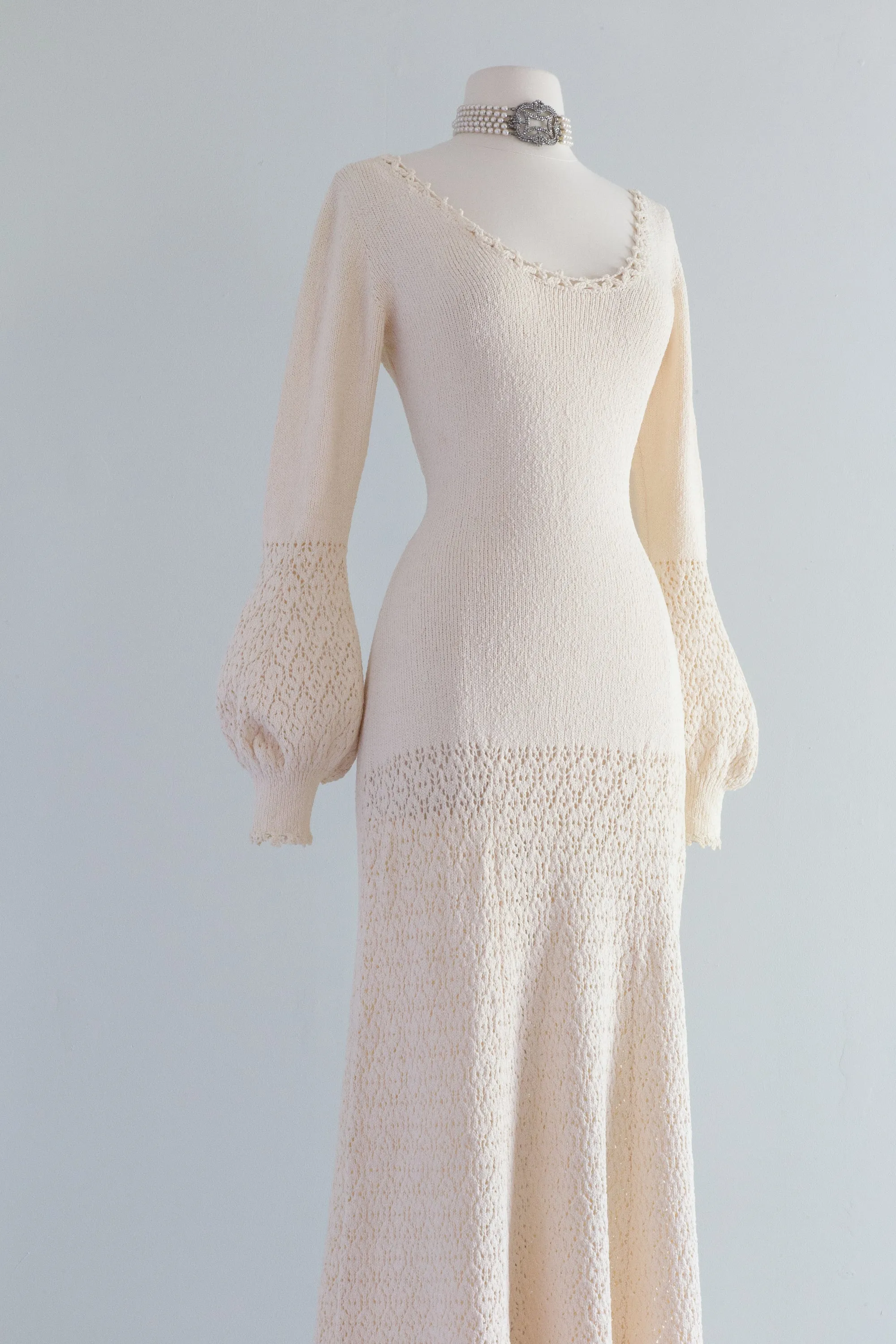 1970's Ivory Knit Wedding Dress With Crochet Trim and Bishop Sleeves / ML