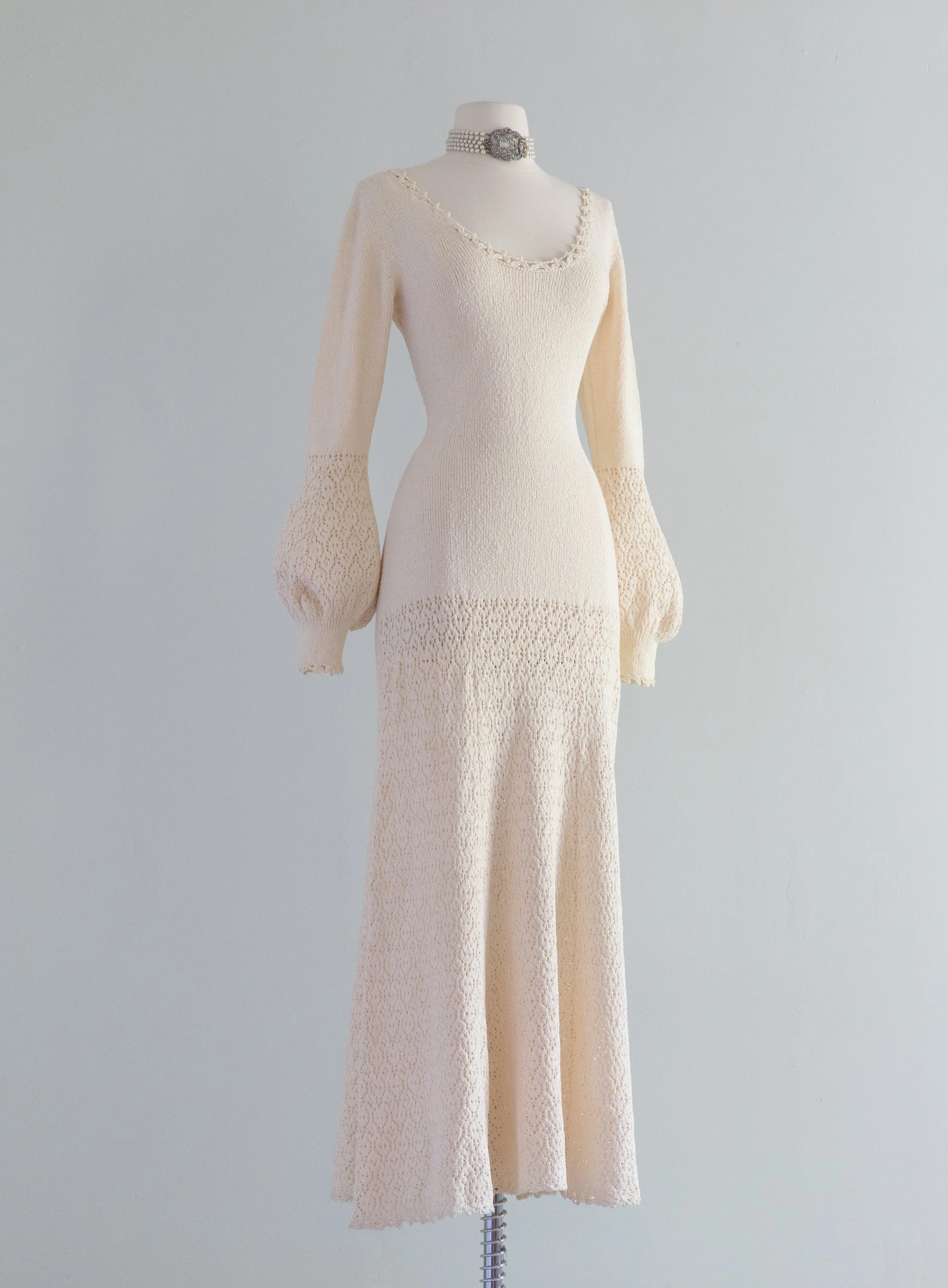 1970's Ivory Knit Wedding Dress With Crochet Trim and Bishop Sleeves / ML
