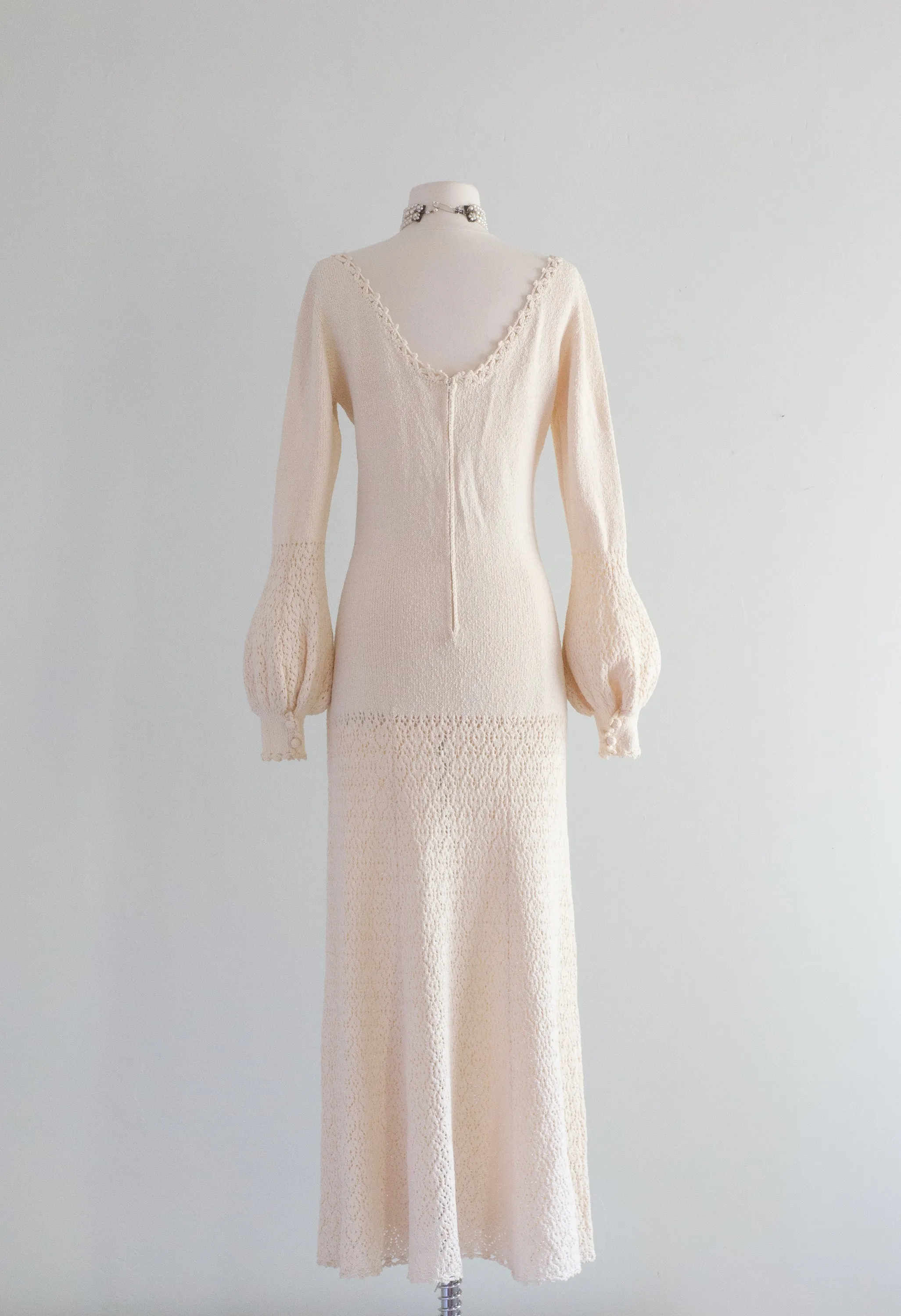 1970's Ivory Knit Wedding Dress With Crochet Trim and Bishop Sleeves / ML