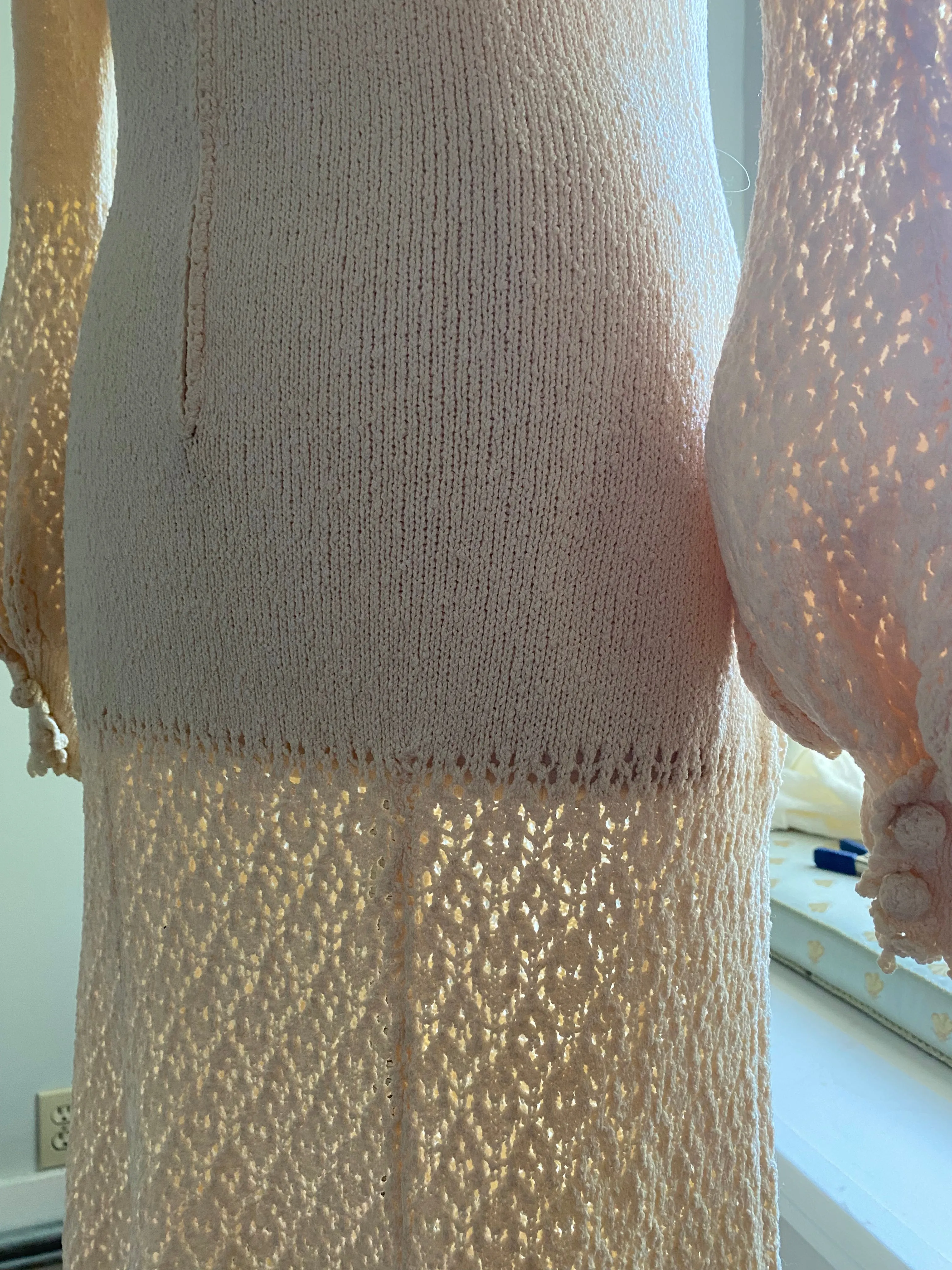1970's Ivory Knit Wedding Dress With Crochet Trim and Bishop Sleeves / ML
