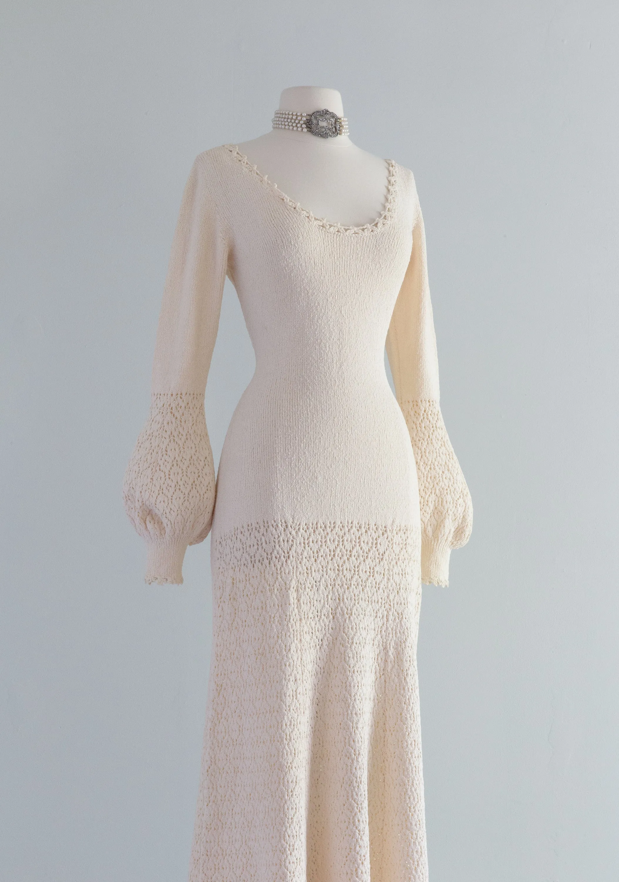 1970's Ivory Knit Wedding Dress With Crochet Trim and Bishop Sleeves / ML