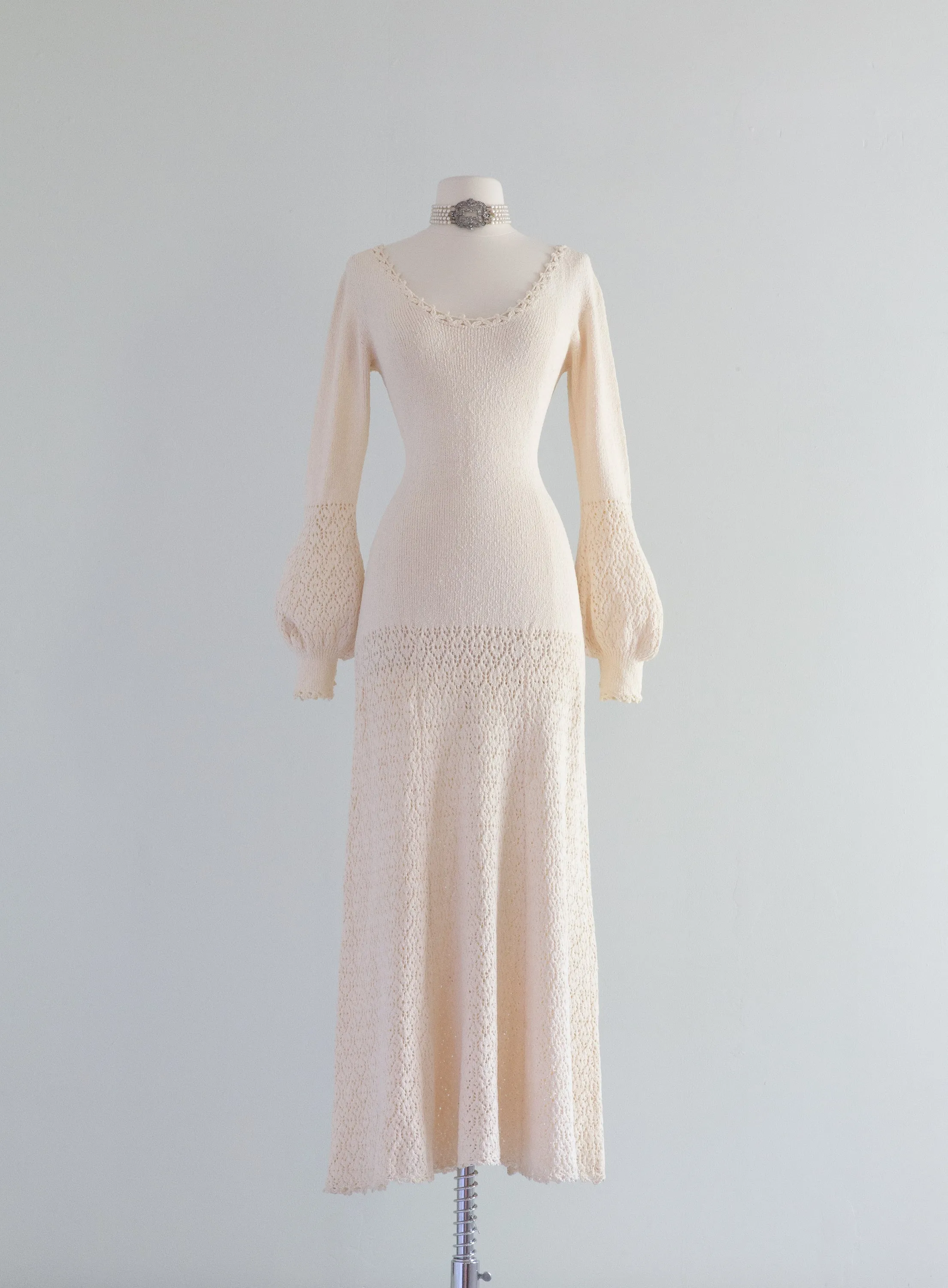 1970's Ivory Knit Wedding Dress With Crochet Trim and Bishop Sleeves / ML