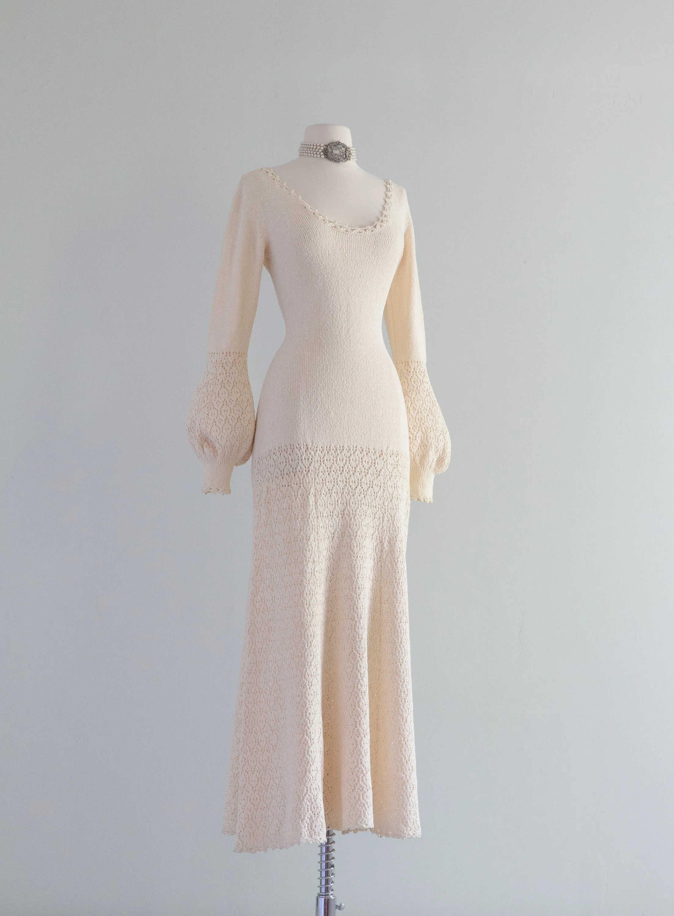 1970's Ivory Knit Wedding Dress With Crochet Trim and Bishop Sleeves / ML