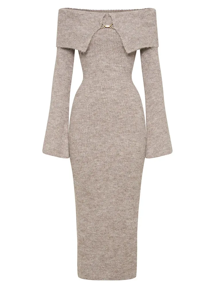 A&A Elegant Knitted Lapel Off Shoulder Maxi Dress