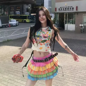 Aiertu Y2k Ruffle Mini Skirt Women Color Kawaii Vintage Fashion Short Skirts Harajuku Streetwear Layered Plaid Pleated Skirt