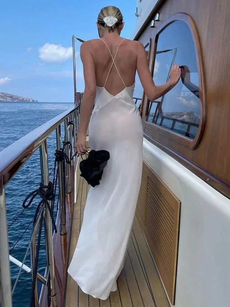 Amozae Deep V Neck Tie Flower Backless Maxi Dress Women New Spaghetti Strap Sleeveless Long Dress Elegant Sexy Club Slipdress