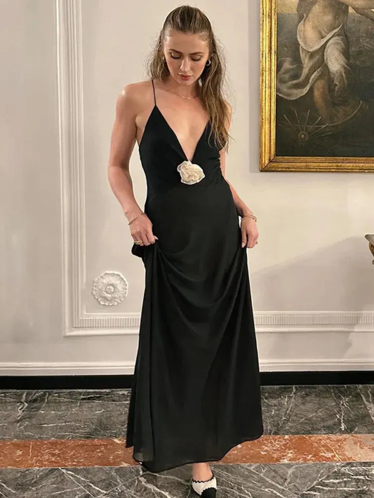 Amozae Deep V Neck Tie Flower Backless Maxi Dress Women New Spaghetti Strap Sleeveless Long Dress Elegant Sexy Club Slipdress