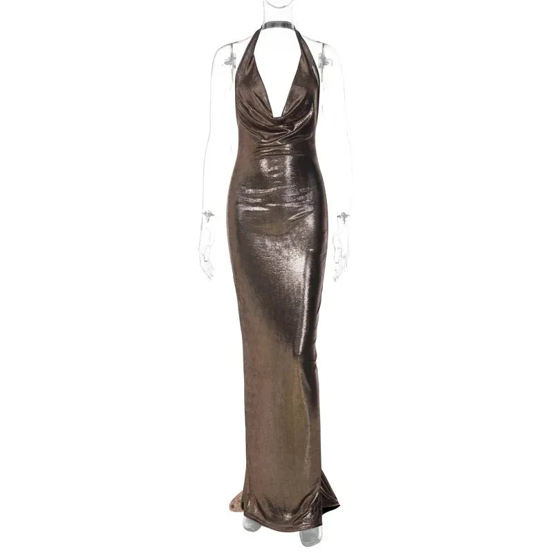 Amozae Halter Deep V Neck Backless Maxi Dress Women Sleeveless Temperament Fishtail Dress Ladies Elegant Sexy Party Dress