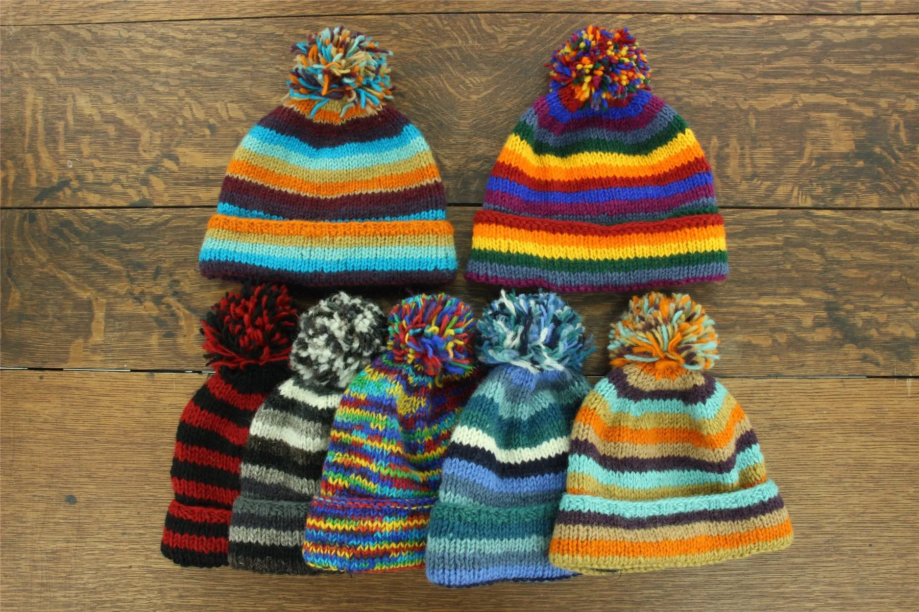 Chunky Wool Knit Beanie Bobble Hat - Stripe Red Black