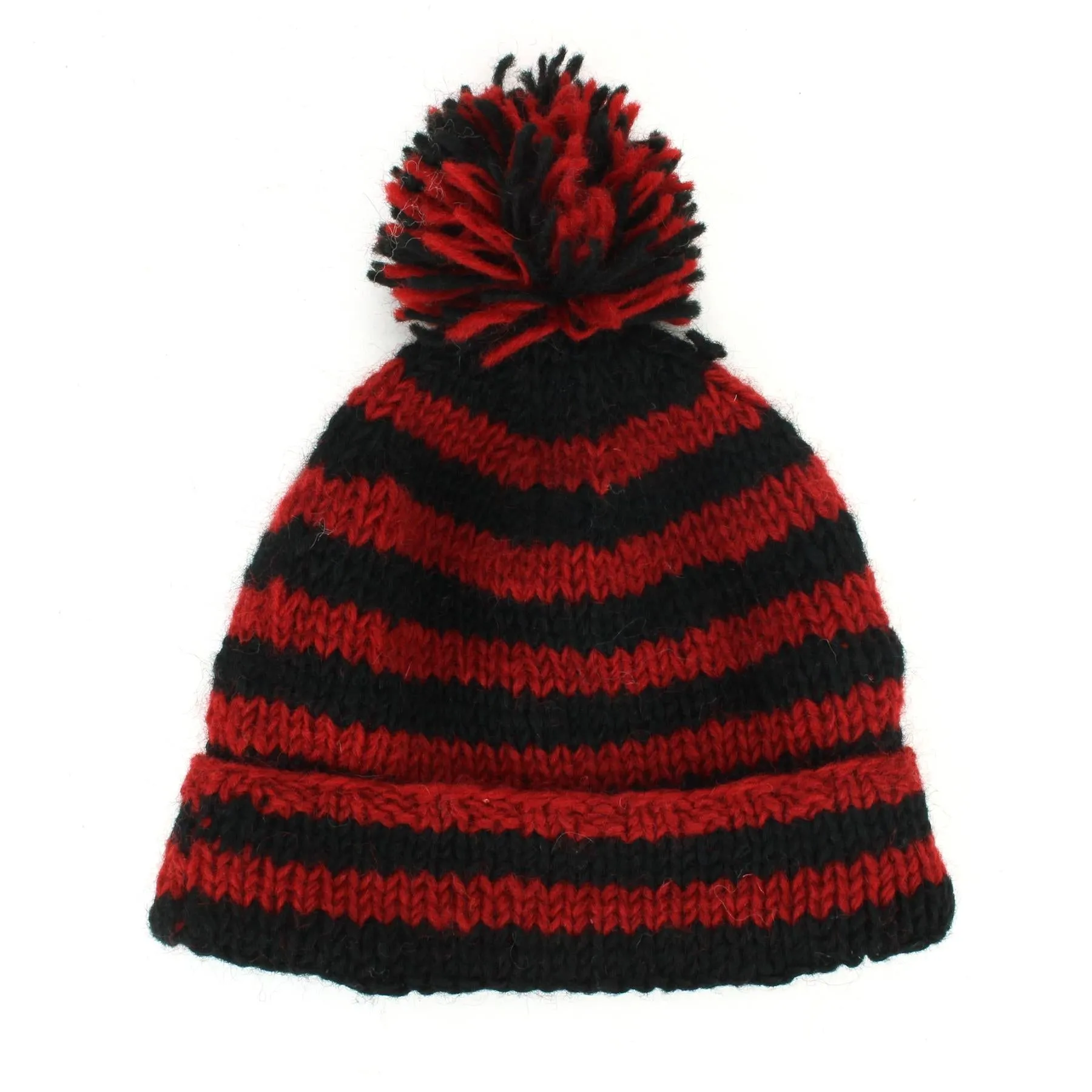 Chunky Wool Knit Beanie Bobble Hat - Stripe Red Black