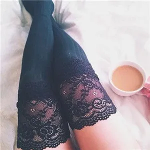Crochet Knitted Stockings with Lace Trim Legging Long Socks