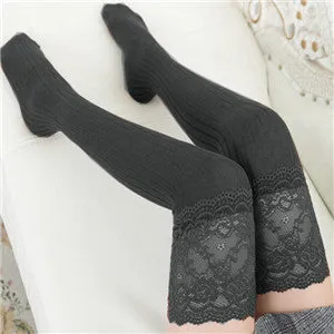 Crochet Knitted Stockings with Lace Trim Legging Long Socks