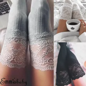 Crochet Knitted Stockings with Lace Trim Legging Long Socks