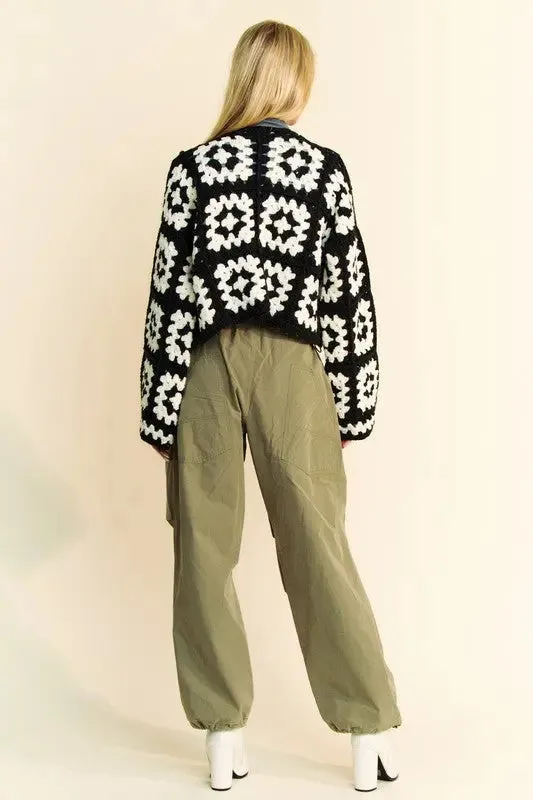 Davi & Dani Full Size Two Tone Flower Square Crochet Open Front Cardigan
