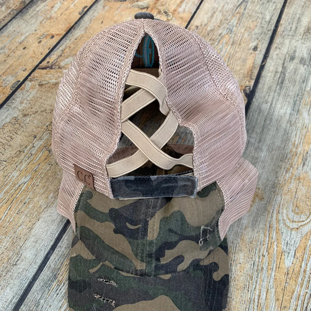 Design Your Own Distressed Criss-Cross Ponytail Hat