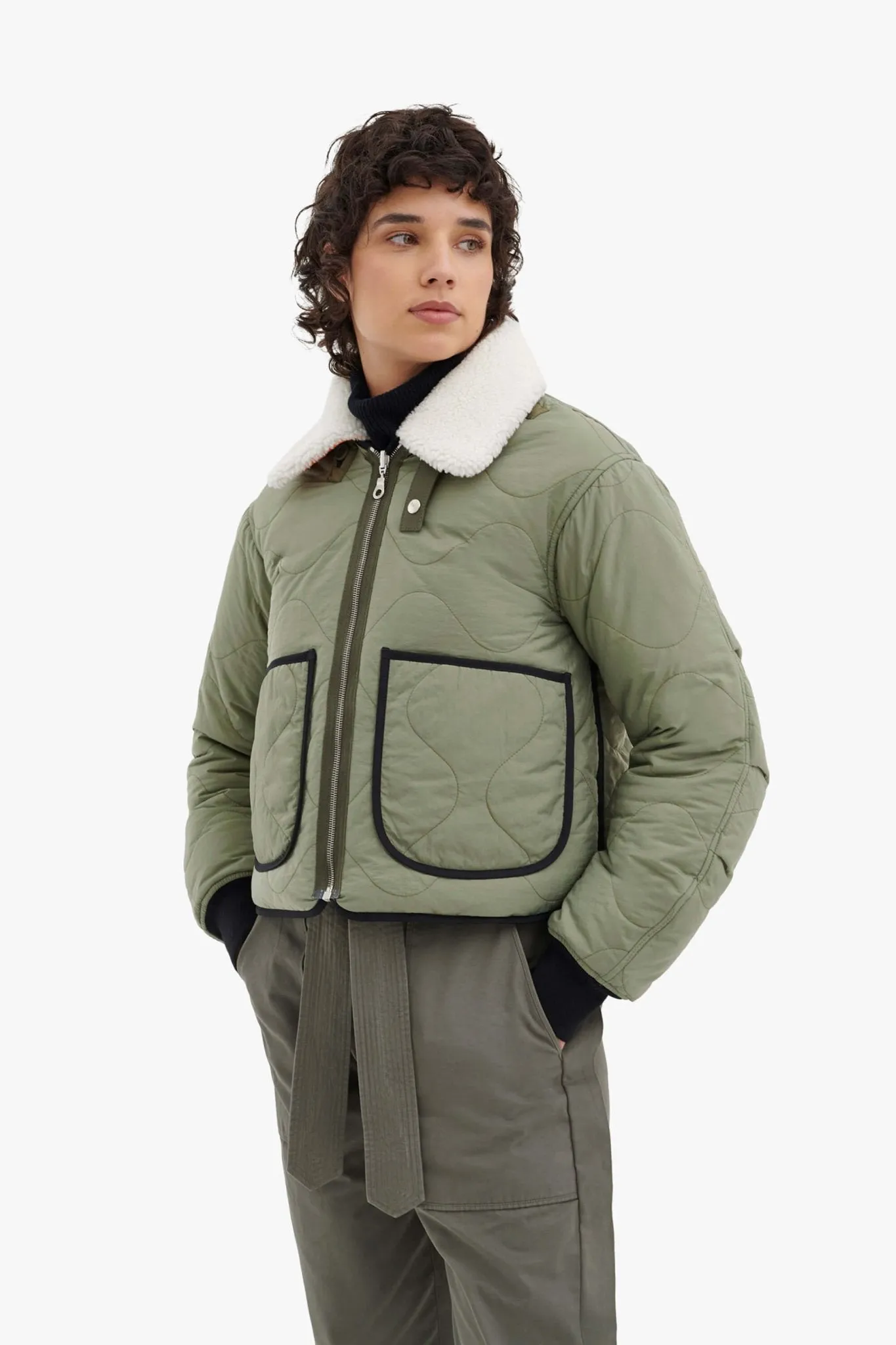 Down Cropped Aviator Jacket - Black / Eucalyptus