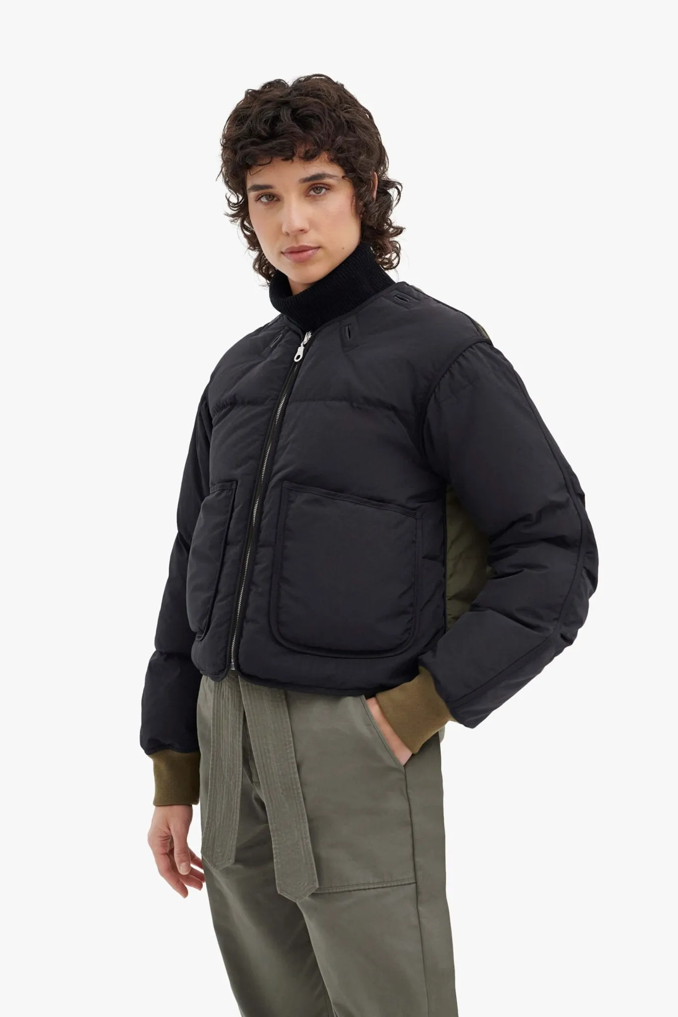 Down Cropped Aviator Jacket - Black / Eucalyptus