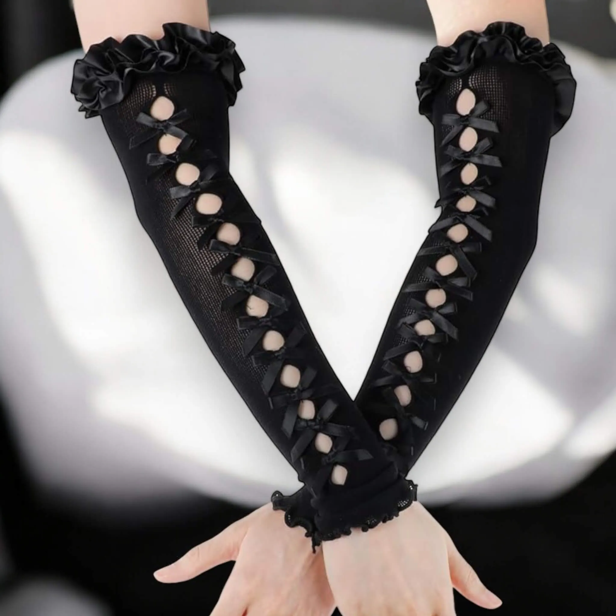 Elegant Cut Out Satin Bows Long Gloves
