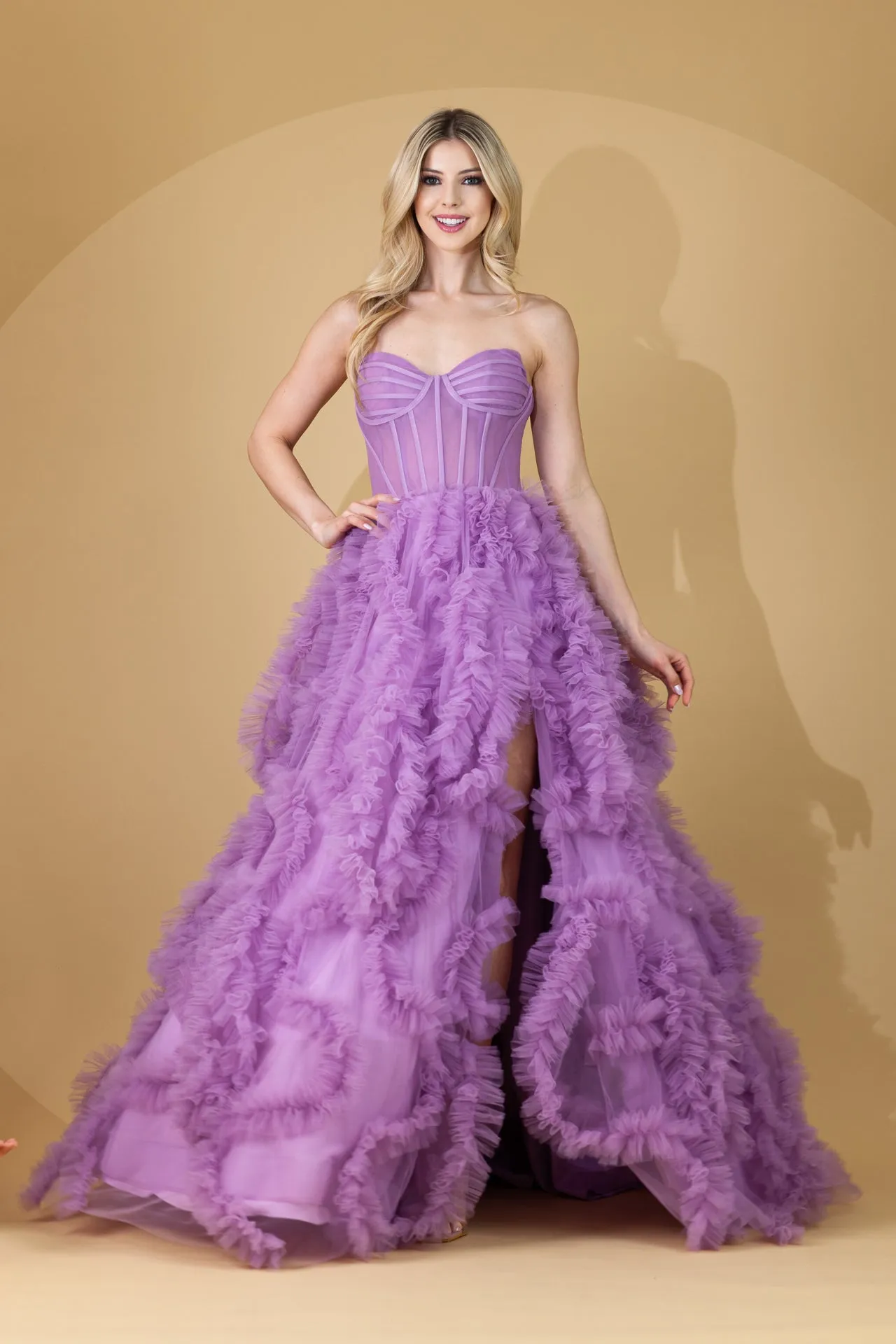 FORMAL STRAPLESS BALL GOWN W/ LAYERED RUFFLED SKIRT SWEETHEART NECK & LEG SLIT