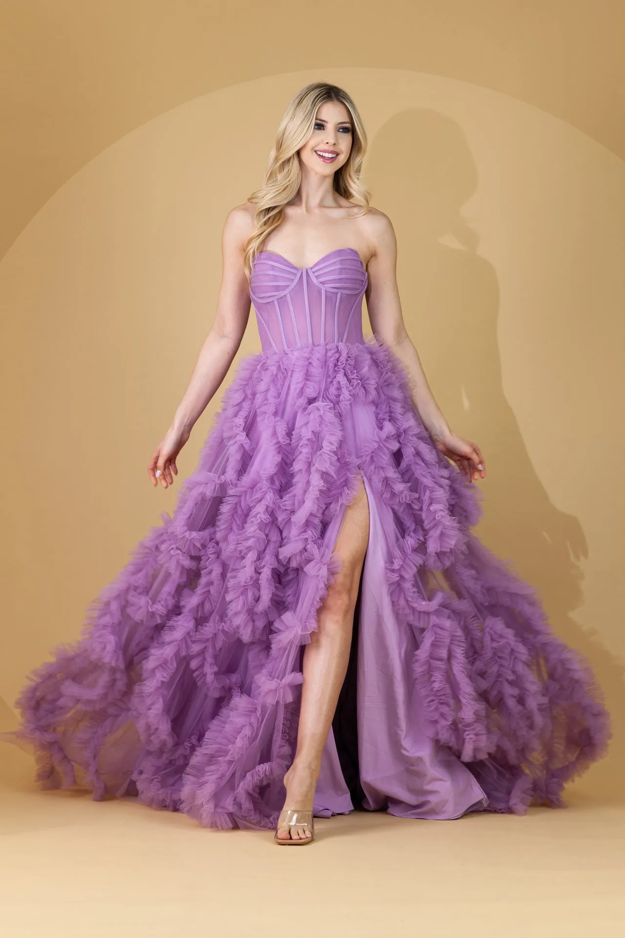 FORMAL STRAPLESS BALL GOWN W/ LAYERED RUFFLED SKIRT SWEETHEART NECK & LEG SLIT