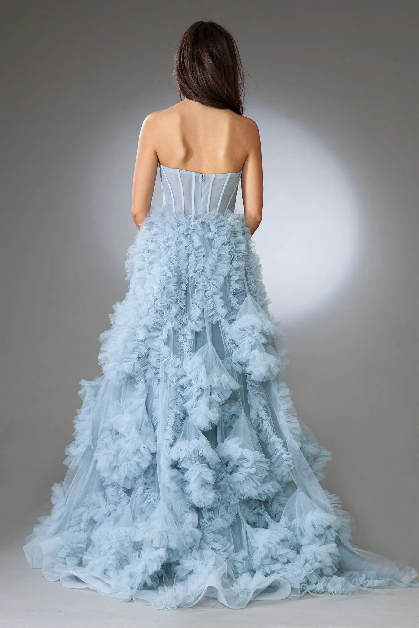 FORMAL STRAPLESS BALL GOWN W/ LAYERED RUFFLED SKIRT SWEETHEART NECK & LEG SLIT