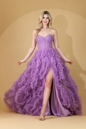 FORMAL STRAPLESS BALL GOWN W/ LAYERED RUFFLED SKIRT SWEETHEART NECK & LEG SLIT