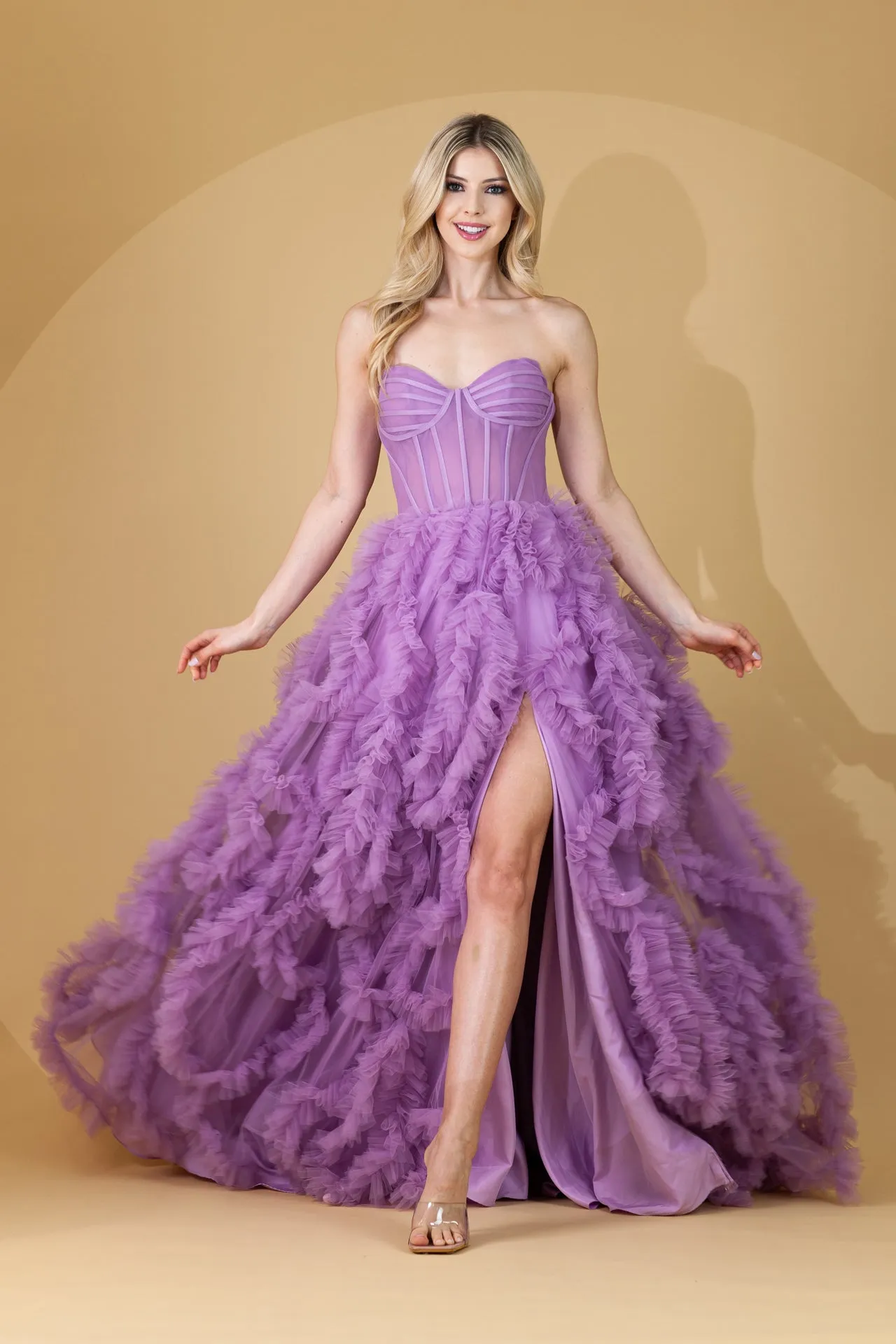 FORMAL STRAPLESS BALL GOWN W/ LAYERED RUFFLED SKIRT SWEETHEART NECK & LEG SLIT