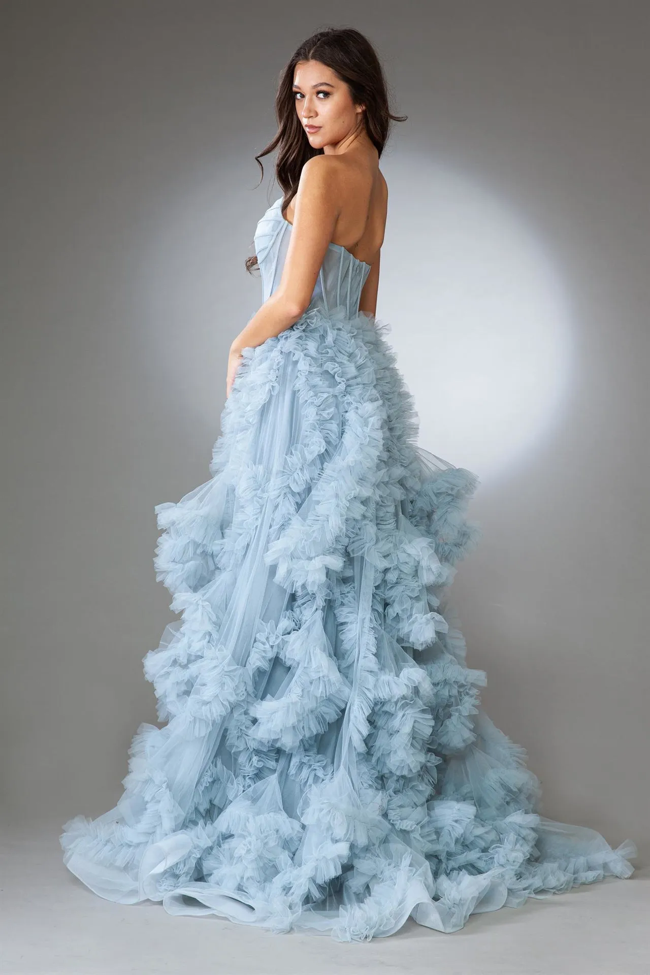 FORMAL STRAPLESS BALL GOWN W/ LAYERED RUFFLED SKIRT SWEETHEART NECK & LEG SLIT