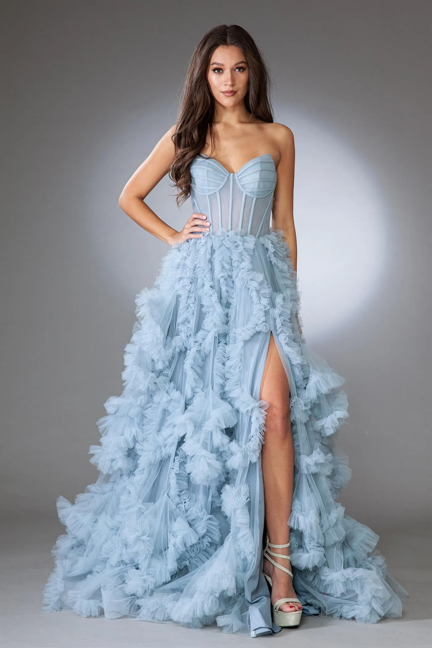 FORMAL STRAPLESS BALL GOWN W/ LAYERED RUFFLED SKIRT SWEETHEART NECK & LEG SLIT