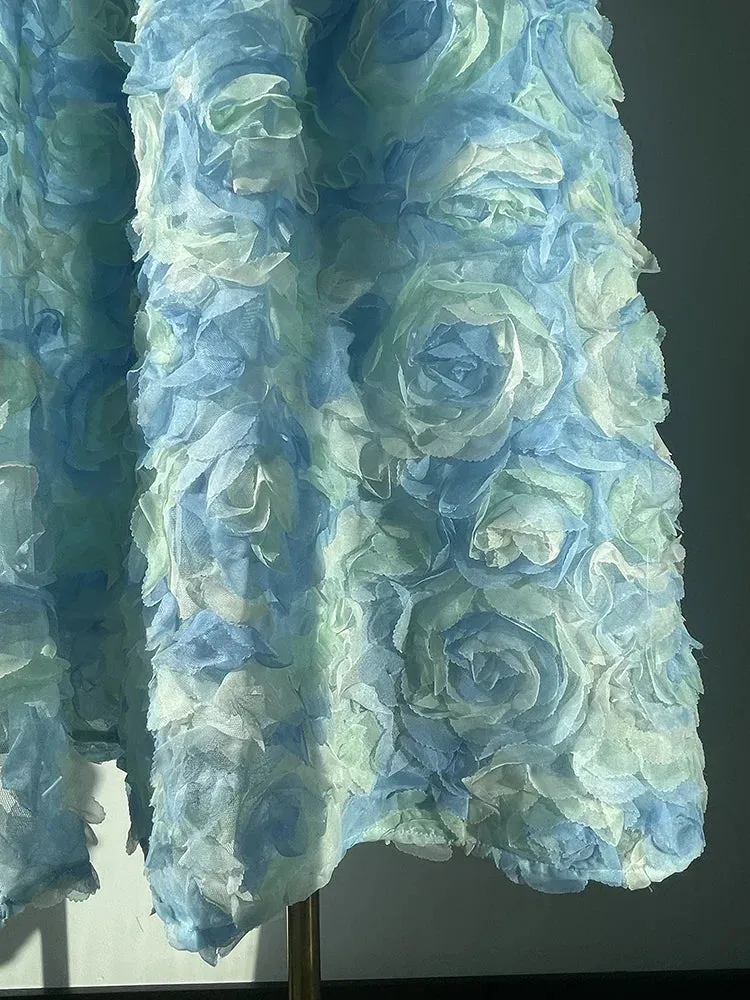 Girlary Lace 3D Floral Maxi Skirt Embroidered Flower High-Wasit Elegant Long Blue Skirts High Quality 2024 New in Women Clothing