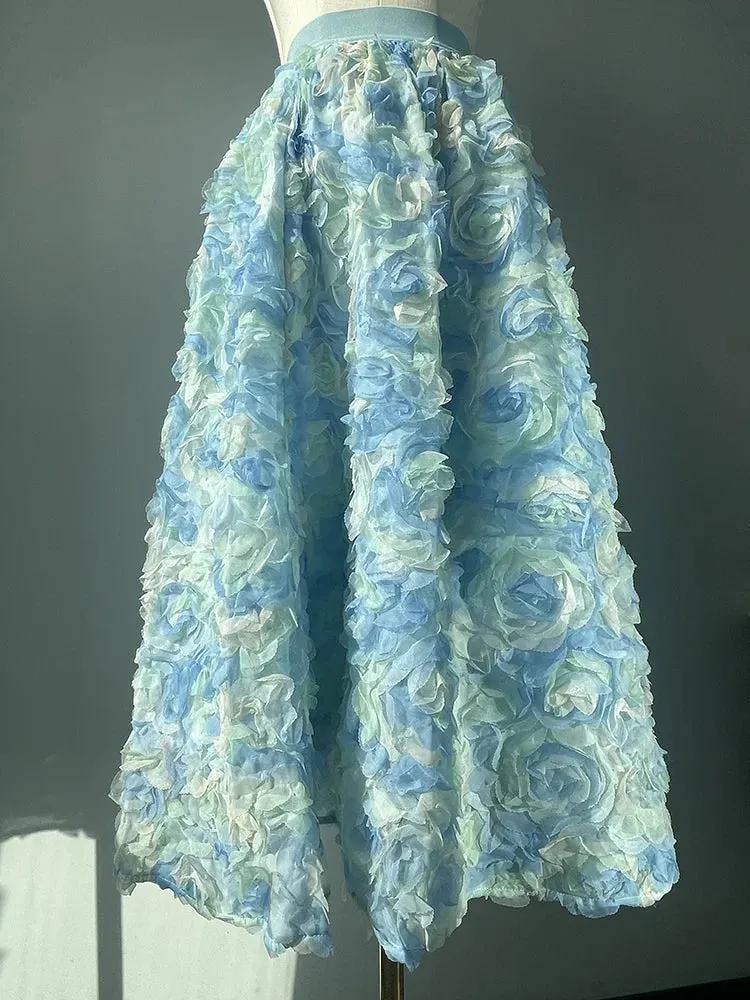 Girlary Lace 3D Floral Maxi Skirt Embroidered Flower High-Wasit Elegant Long Blue Skirts High Quality 2024 New in Women Clothing