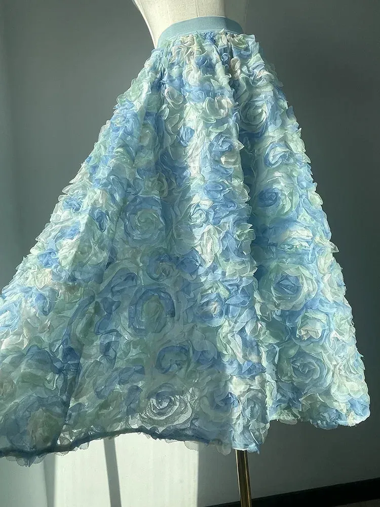 Girlary Lace 3D Floral Maxi Skirt Embroidered Flower High-Wasit Elegant Long Blue Skirts High Quality 2024 New in Women Clothing