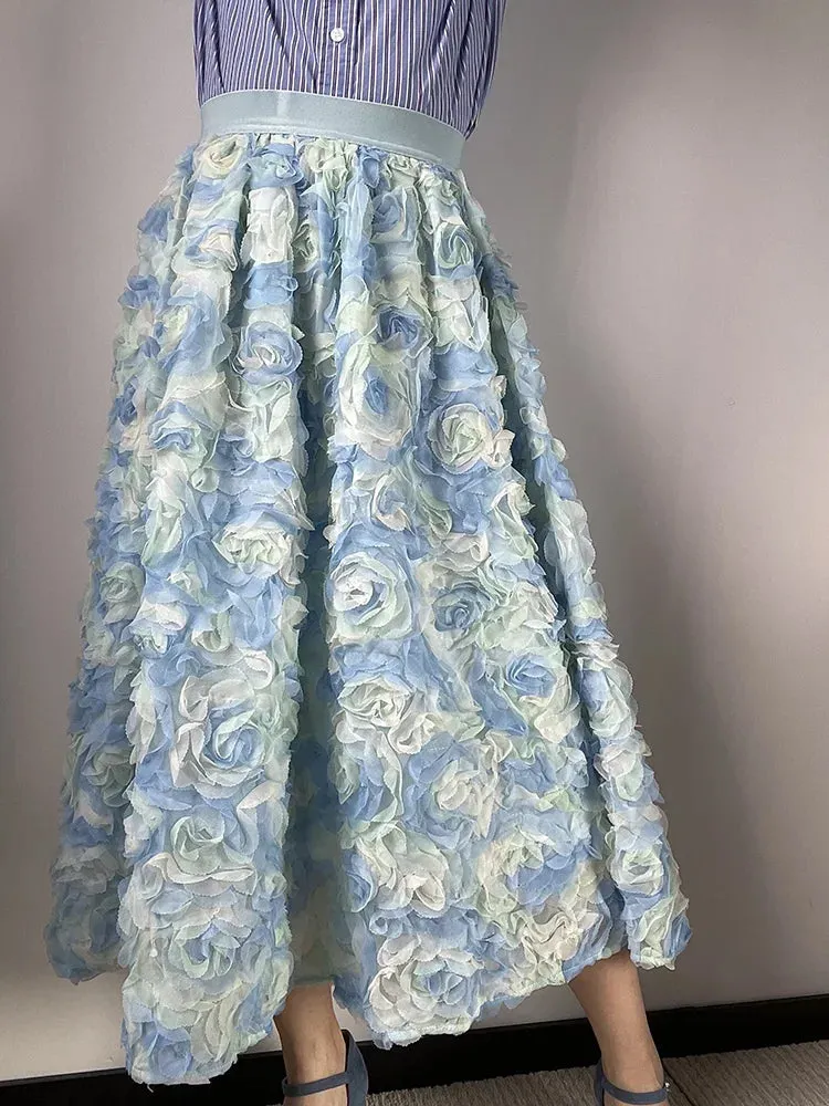 Girlary Lace 3D Floral Maxi Skirt Embroidered Flower High-Wasit Elegant Long Blue Skirts High Quality 2024 New in Women Clothing