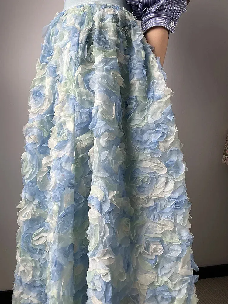 Girlary Lace 3D Floral Maxi Skirt Embroidered Flower High-Wasit Elegant Long Blue Skirts High Quality 2024 New in Women Clothing