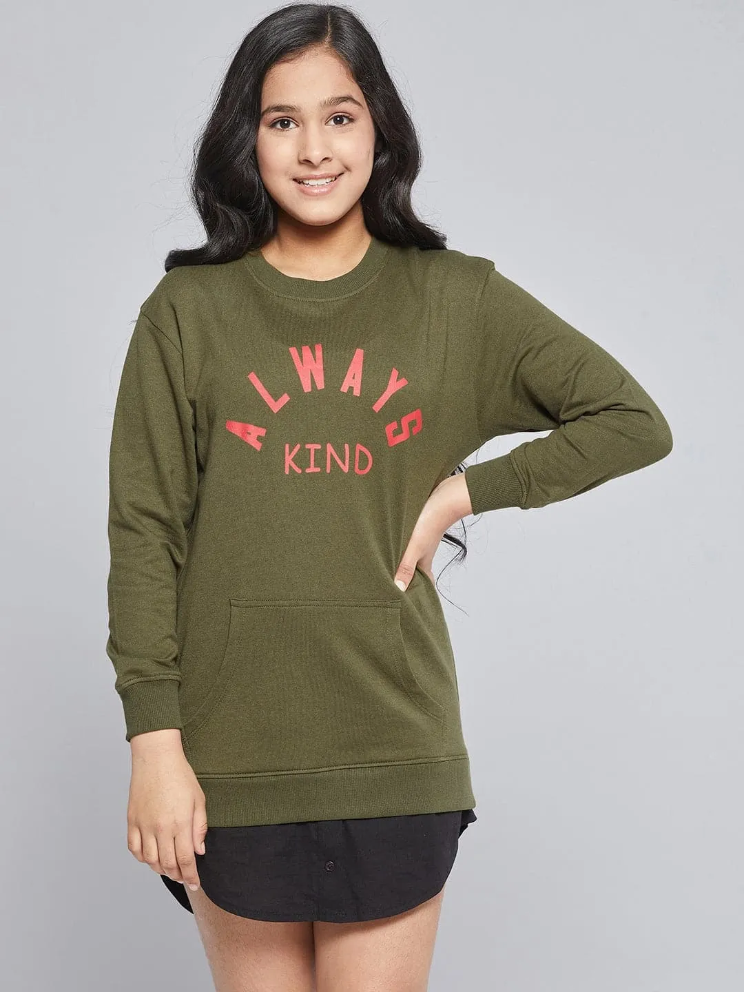 Girls Olive Terry Always Kind Sweat Dress - Lyush Kids
