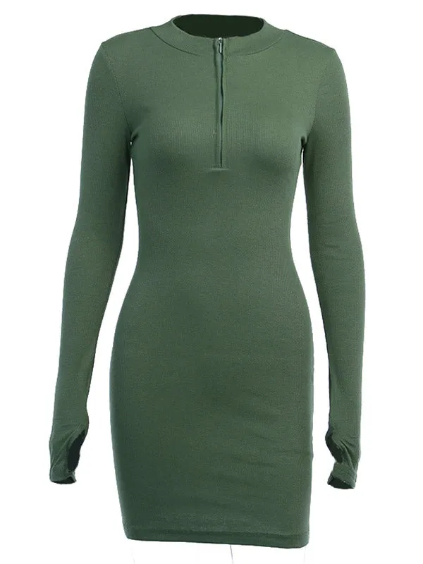 Half Zip Rib Knit Mini Dress