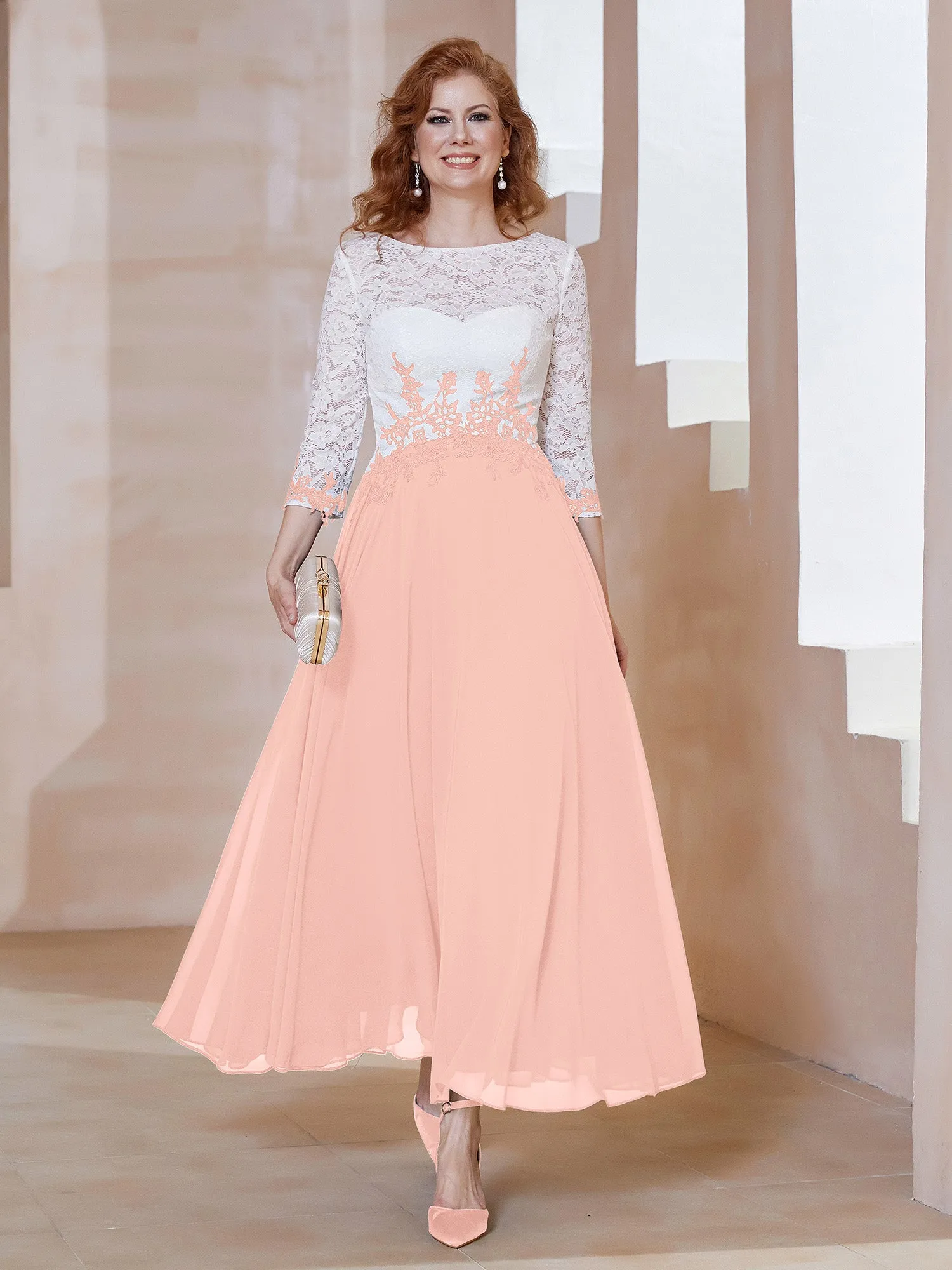 Illusion Neckline Applique Long Sleeves Dress Coral