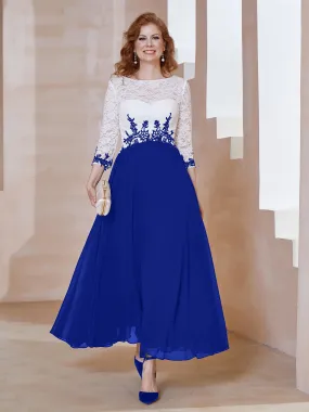 Illusion Neckline Applique Long Sleeves Dress Royal Blue