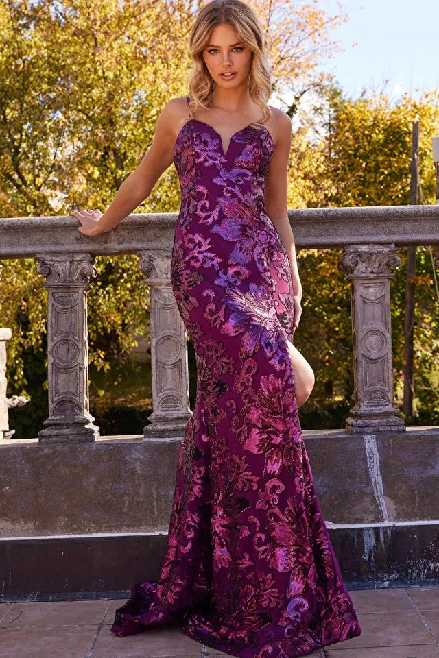 Jovani 08459 Spaghetti Strap V-Neck Low Back Sheath Sequin Embellished Prom Dress