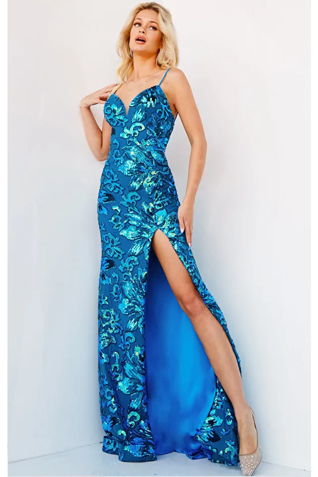 Jovani 08459 Spaghetti Strap V-Neck Low Back Sheath Sequin Embellished Prom Dress