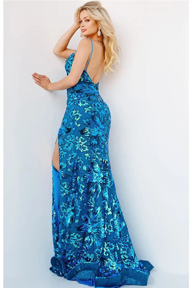 Jovani 08459 Spaghetti Strap V-Neck Low Back Sheath Sequin Embellished Prom Dress