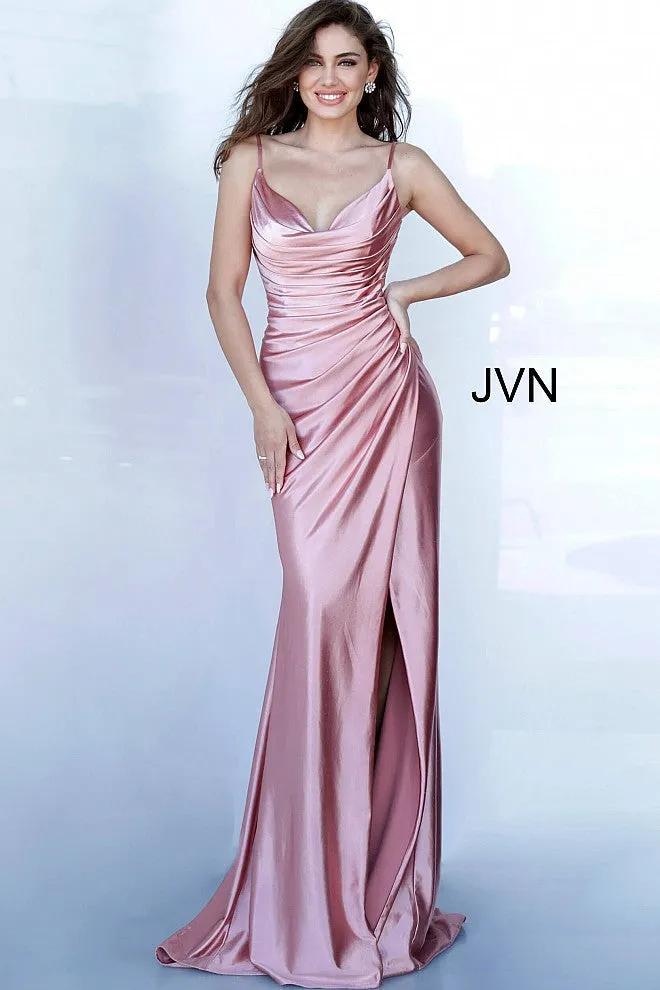 Jovani JVN03104 Size 2 HOT PINK Ruched Satin Prom Dress Evening Gown Cowl Neck Gown