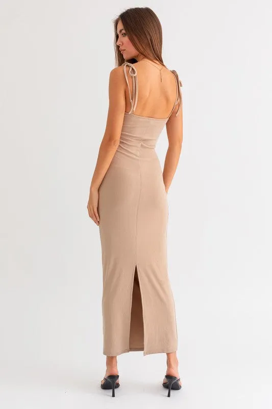 Khaki Shoulder Tie Fitted Maxi Knit Dress