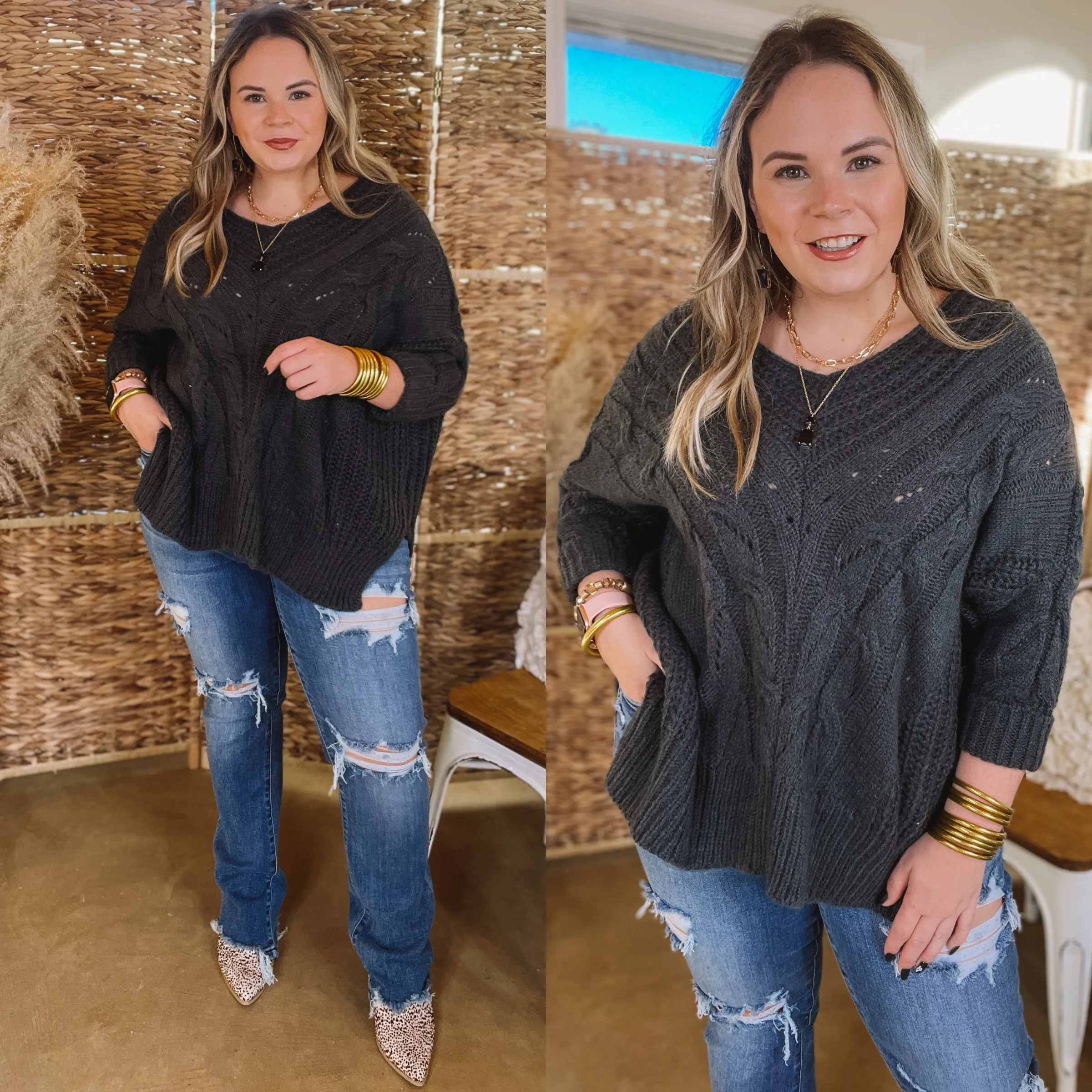 Last Chance Size Medium | Crisp Morning Air Oversized Dolman 3/4 Sleeve Sweater in Dark Green