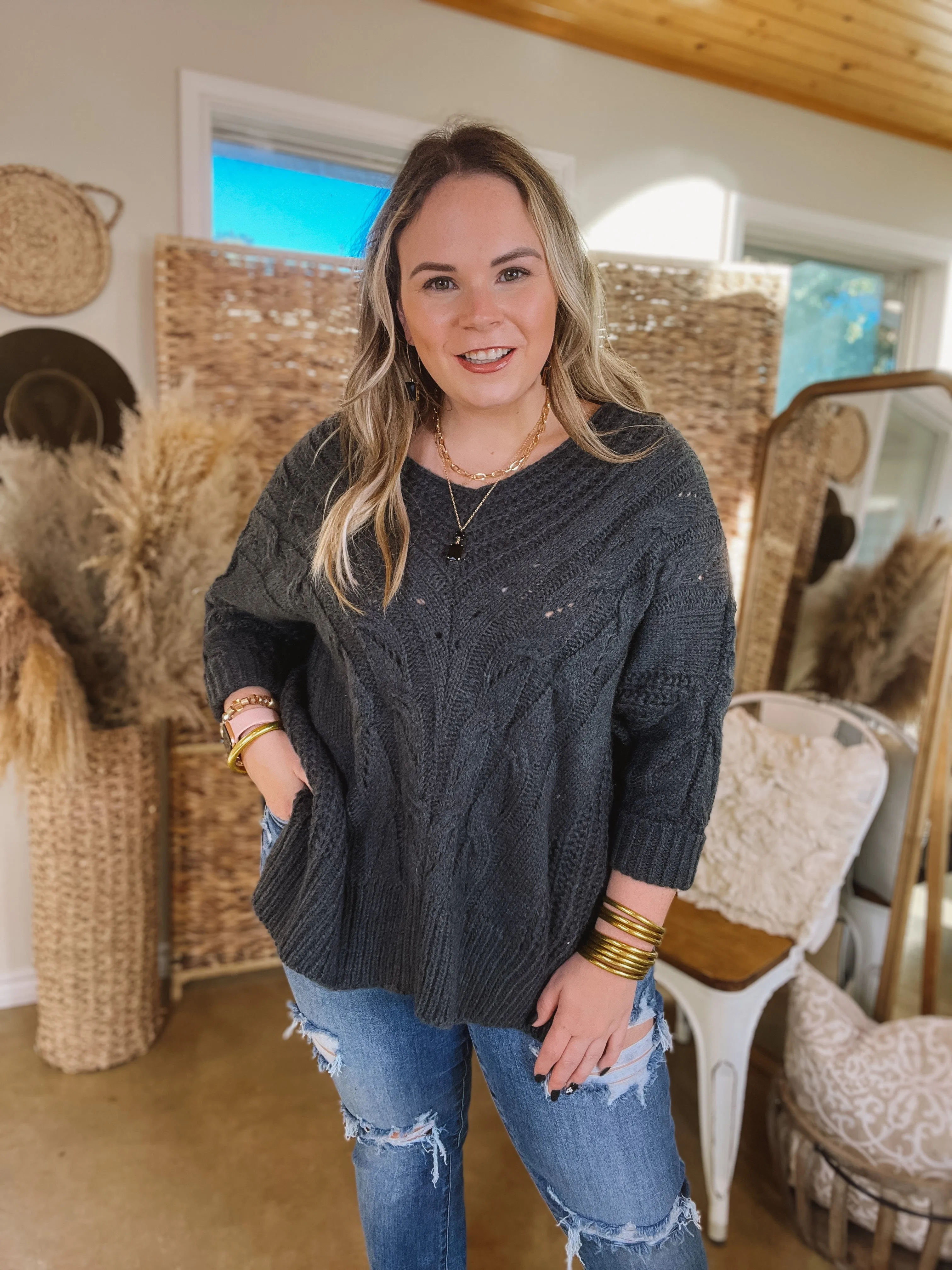 Last Chance Size Medium | Crisp Morning Air Oversized Dolman 3/4 Sleeve Sweater in Dark Green