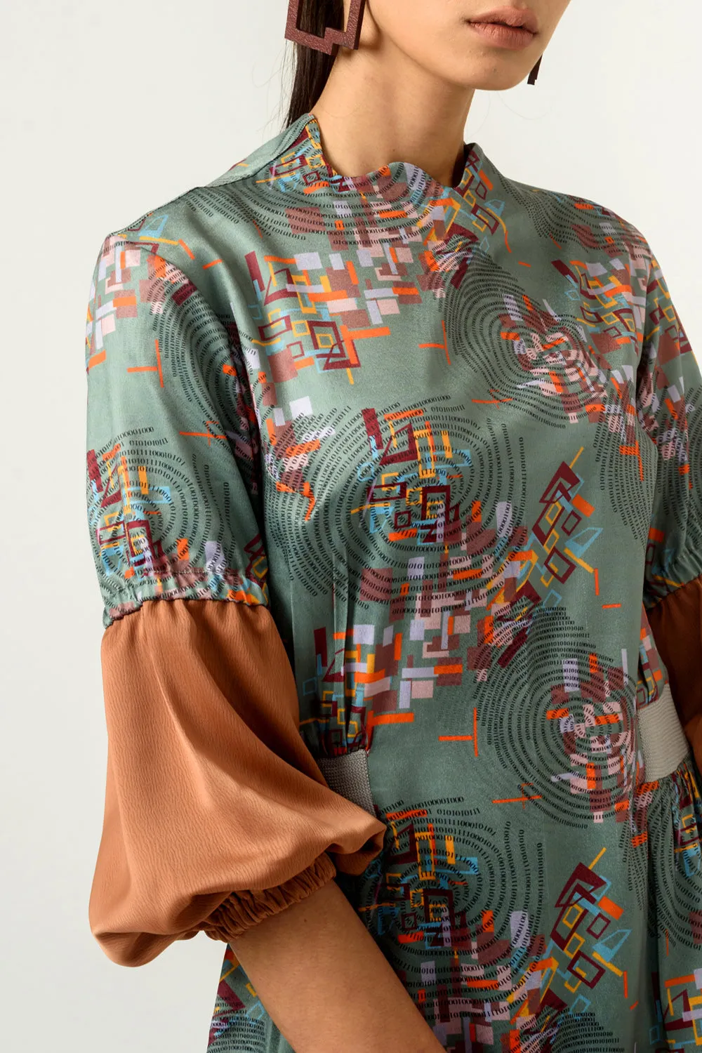 Longing Print Balloon Sleeves Fitted Dress