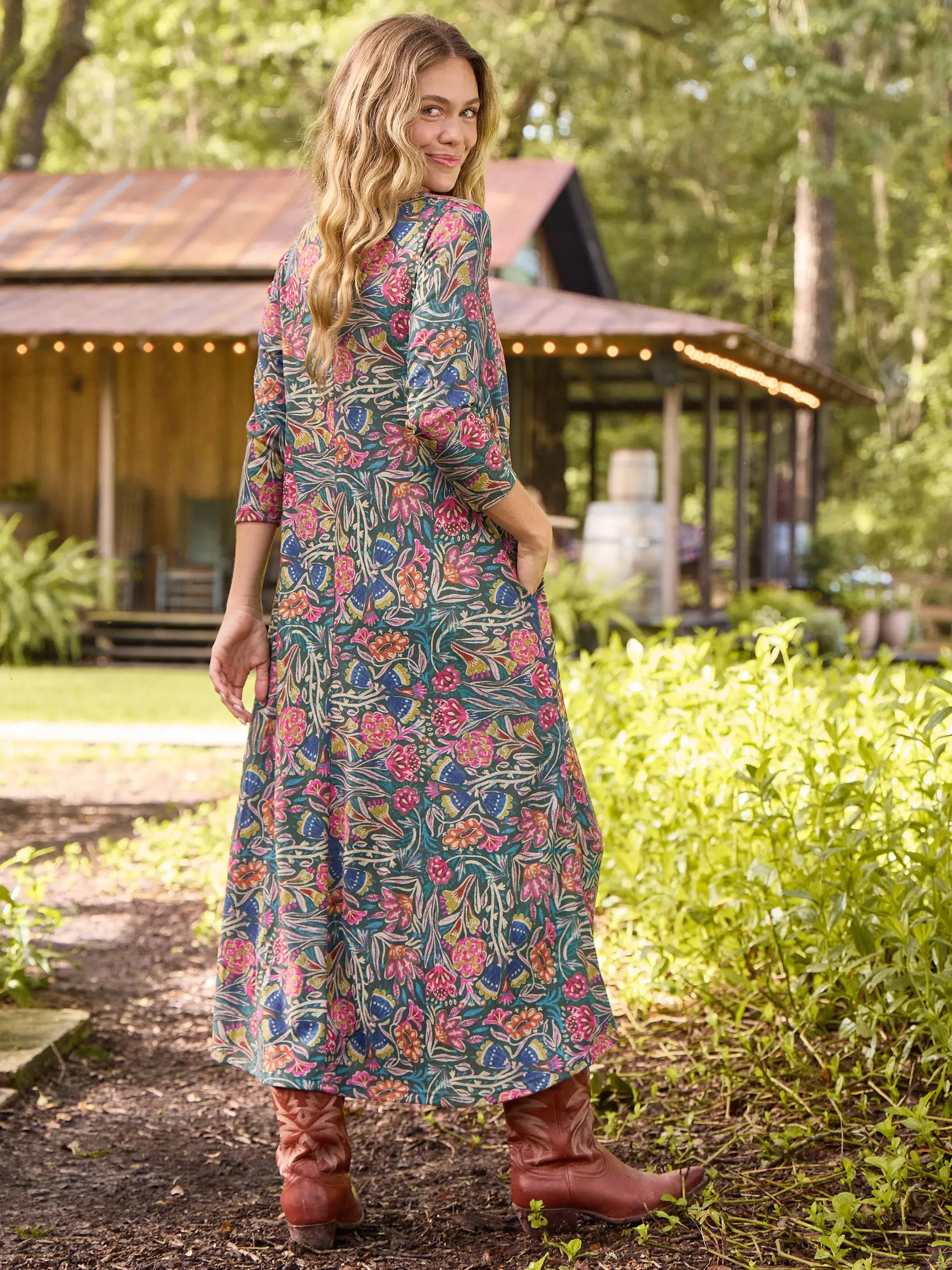 Lottie Knit Maxi Dress - Green Lined Floral