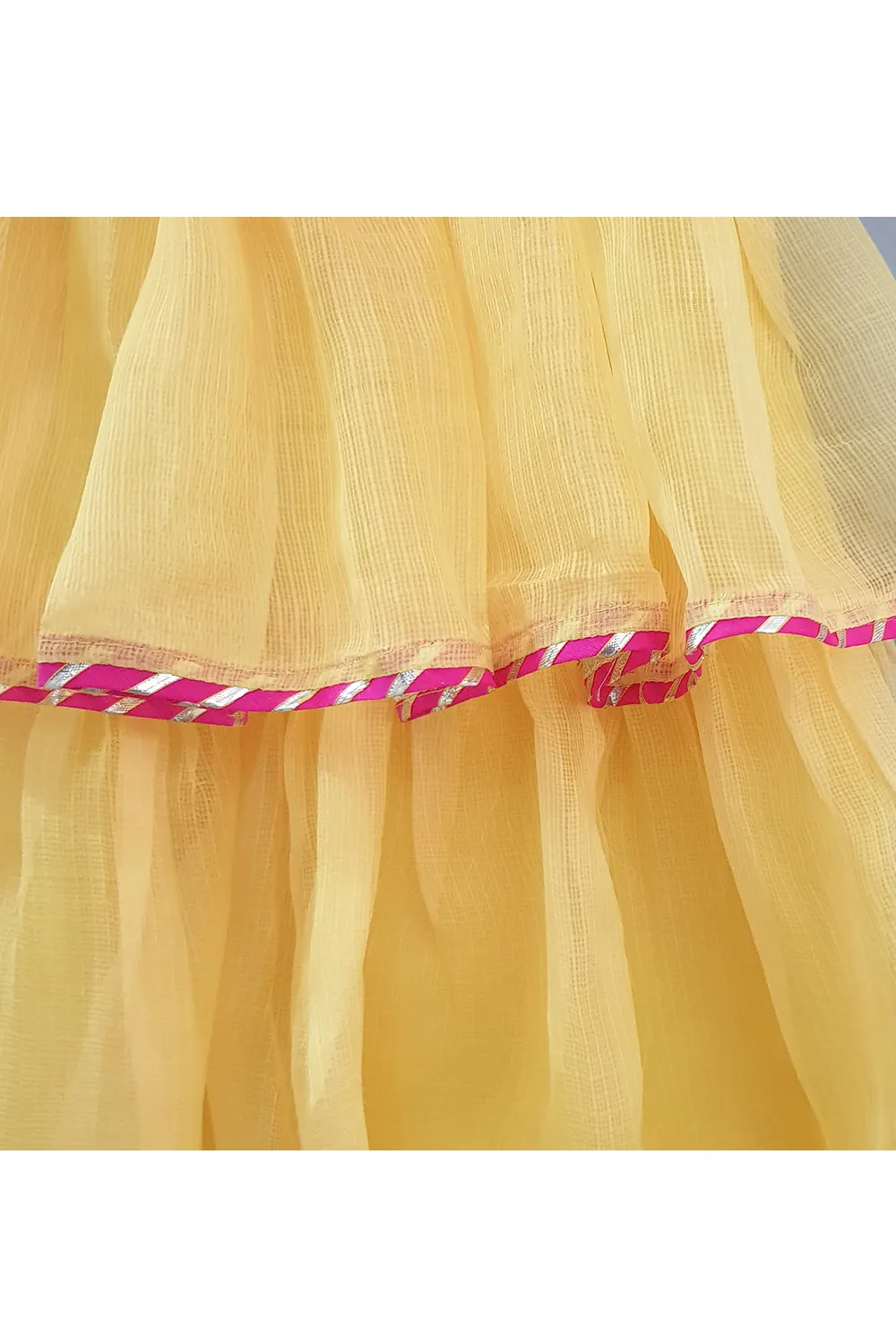 Magenta gotta booti embroidered top with yellow layered skirt