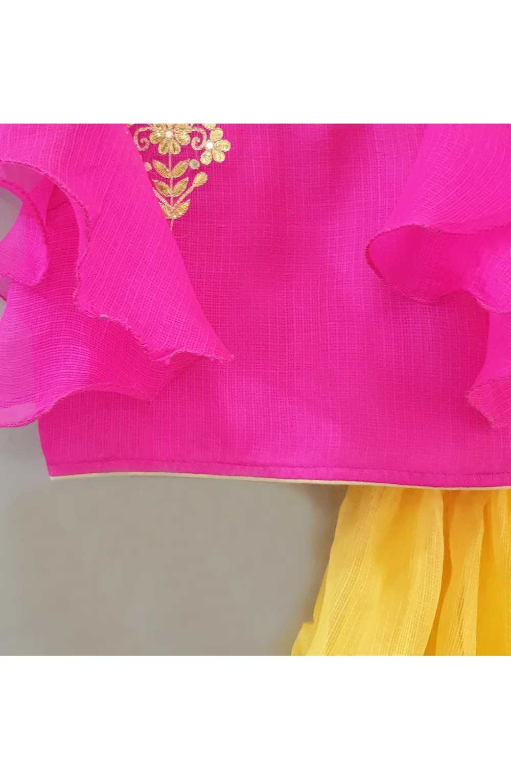 Magenta gotta booti embroidered top with yellow layered skirt