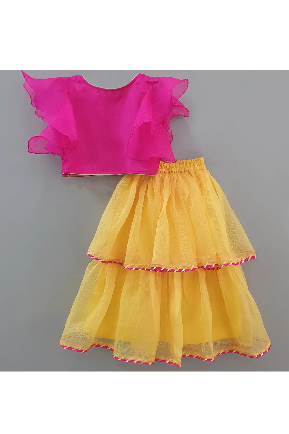 Magenta gotta booti embroidered top with yellow layered skirt